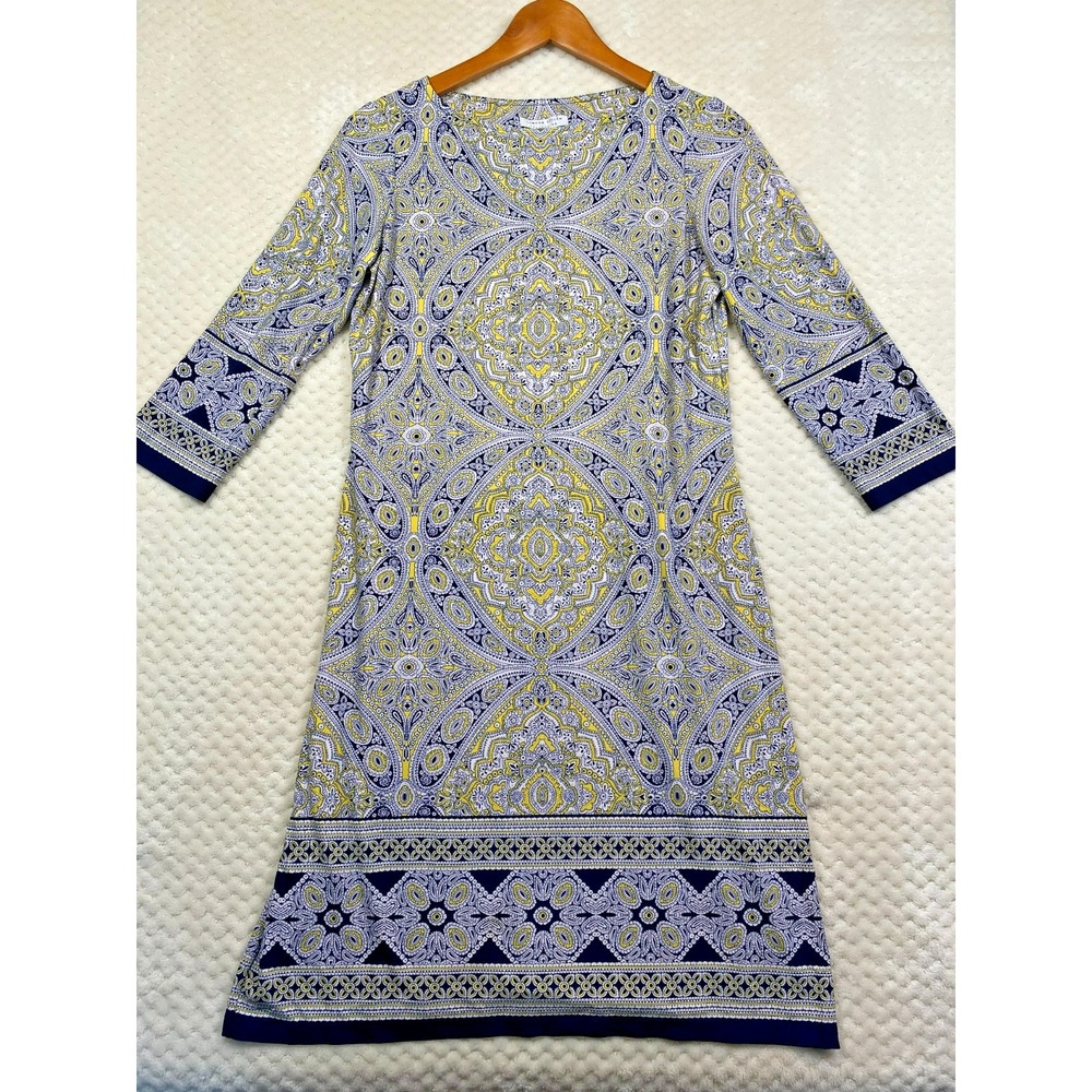 London Style Collection Paisley Sheath Dress 3/4 Sleeve Stretch Knit Size 6